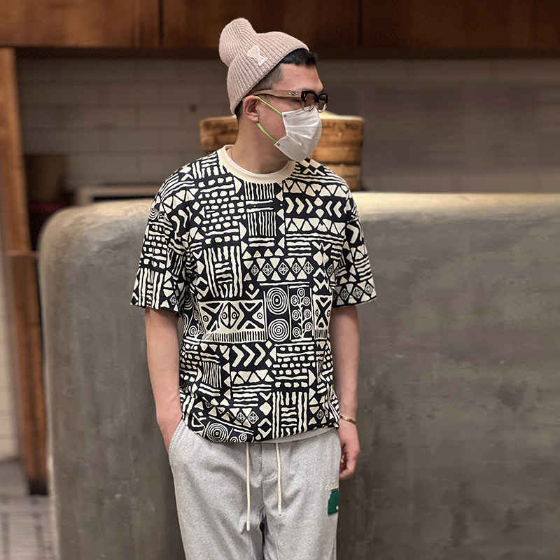 Spring men's personality full flower short-sleeved T-shirt round neck loose T-shirt American printing casual trend bottoming shirt