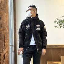 American casual splicing retro jacket mens trendy brand ruffian handsome 2022 autumn patch sports hooded all-match jacket