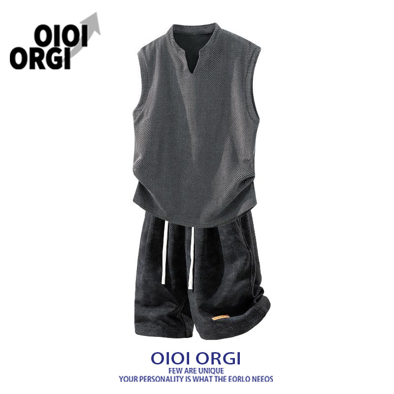 Oioi Orgiv Collarless Sleeveless T-Shirt for Men, Summer Textured Thin Style, Simple Casual Tie-Dye Men's Two-Piece Set
