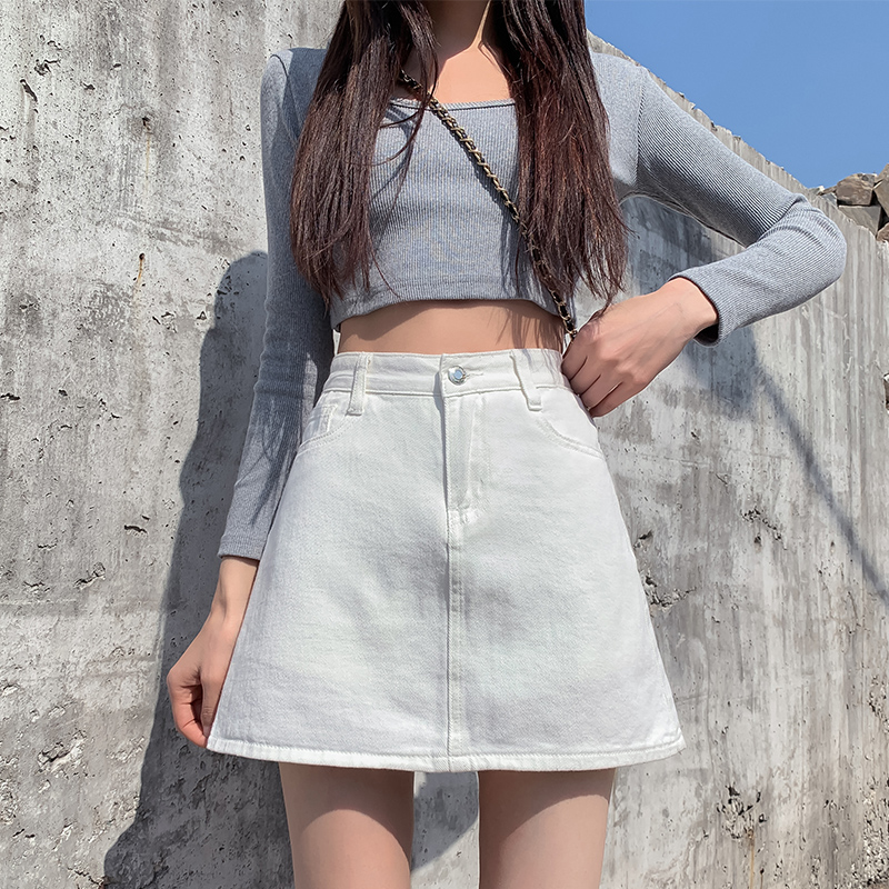 South Korea White Cowboy Short Skirt Half Body Skirt Woman Summer 2021 New Bag Skirt High Waist Slim Fit A Dress With Hip Skirt