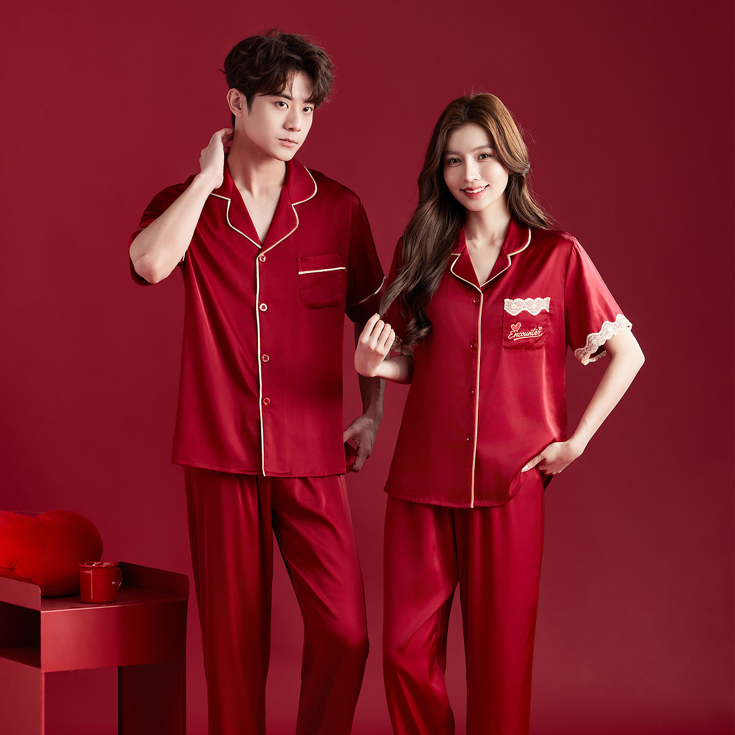 Sixinfang summer short-sleeved ice silk red wedding pajamas