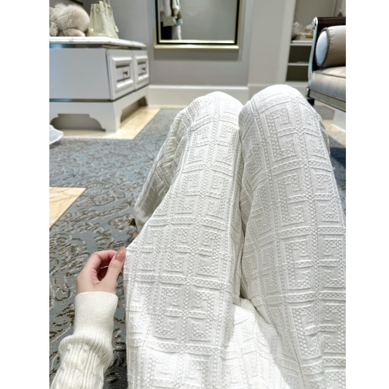 Qiauuu Ff Jacquard Patterned Textured Dark Pattern High-Waisted Casual Loose Knit Straight Wide-Leg Pants for Women
