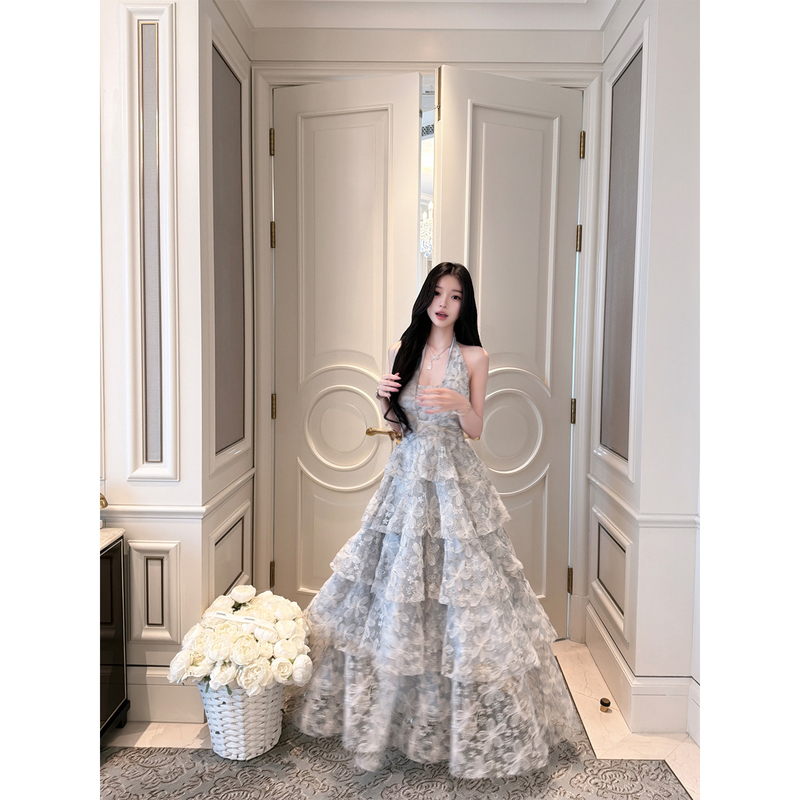 Qiauuu Light Mist Frost Material 10m Ice Gray Blue Heavy Craft Floral Lace Vacation Halter Neck Long Dress for Women