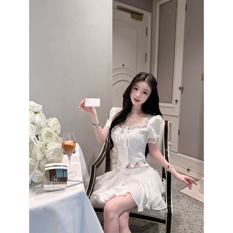 Qiauuu Wuyu White Shirt Es* Private Collection Limited Edition Pure Lace Little White Flower Short Sleeve Shirt Top for Women