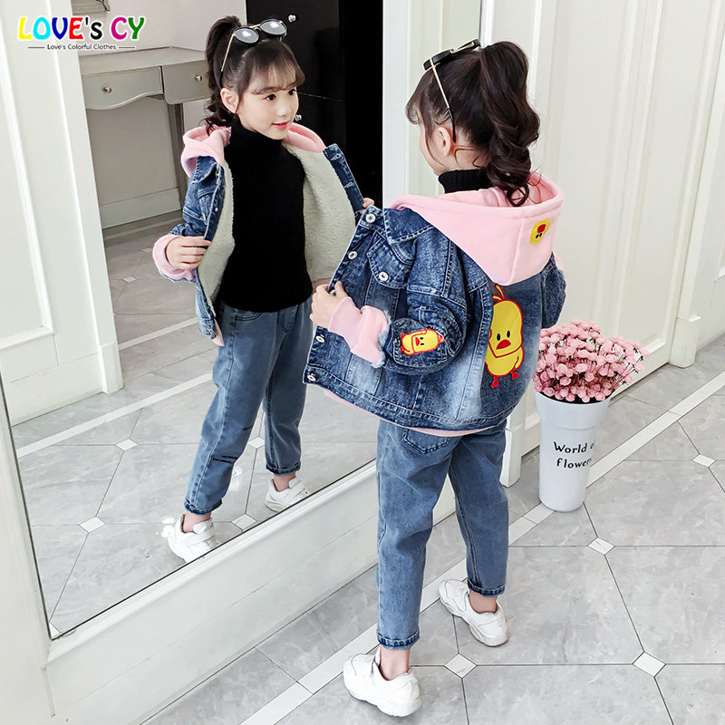 Girls' coat 2021 winter new girls' plus velvet western style net red fashionable autumn and winter children's thickened denim top