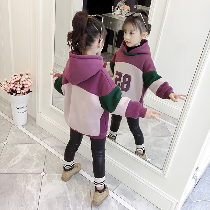 Girls' fleece sweater 2021 new winter girl thickening autumn and winter clothing children's net red foreign style mid-length top