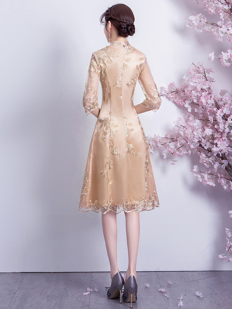Lightweight demi-season long golden cheongsam, Chinese style, mid-length Lightweight demi-season long golden cheongsam, Chinese style, mid-length