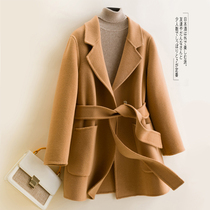 Double-sided cashmere coat womens new 2020 long high-end belt Korean version of loose double-sided woolen coat