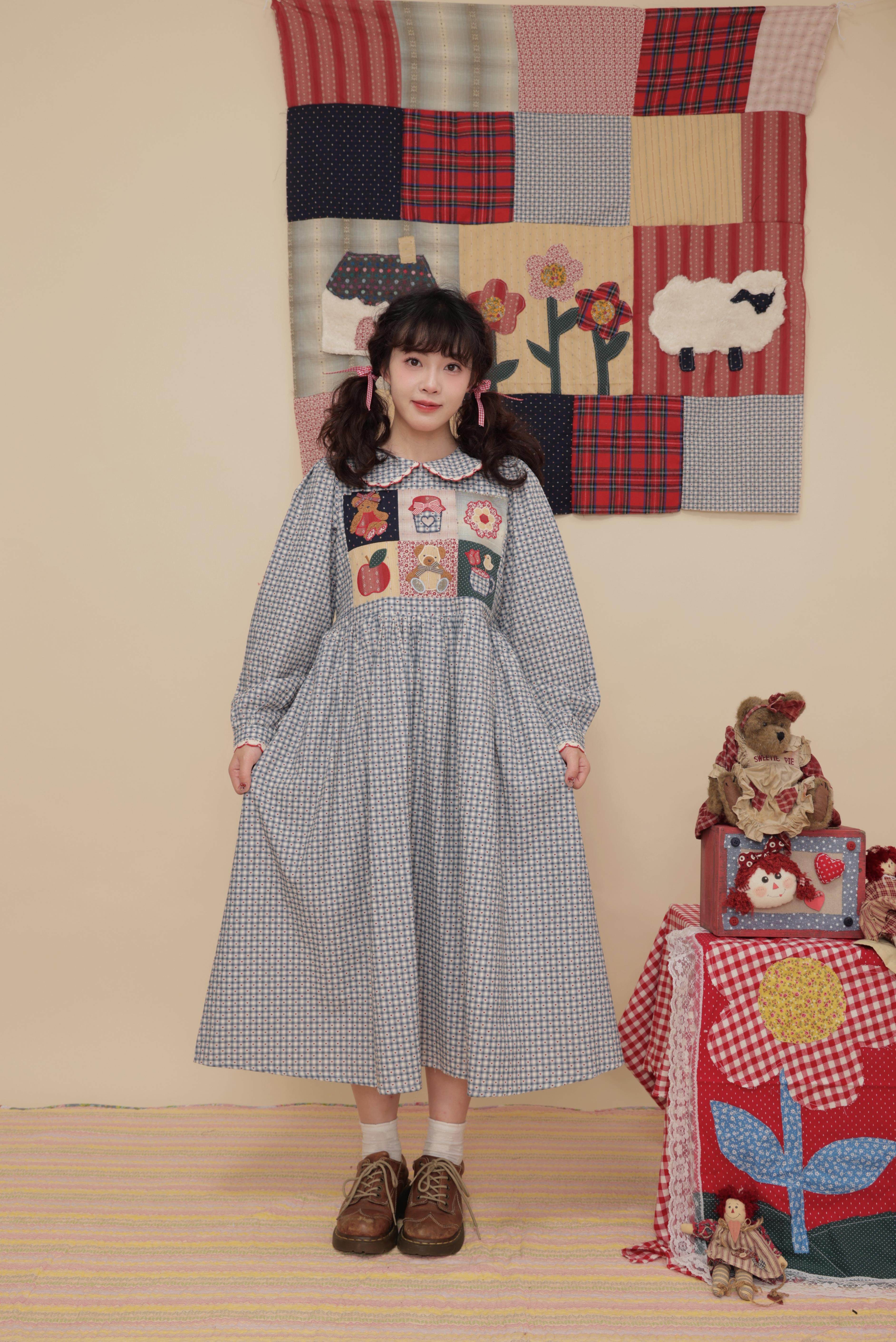 15%OFF】レトロガーリー パッチワークベアチェック柄ドーリーカラー