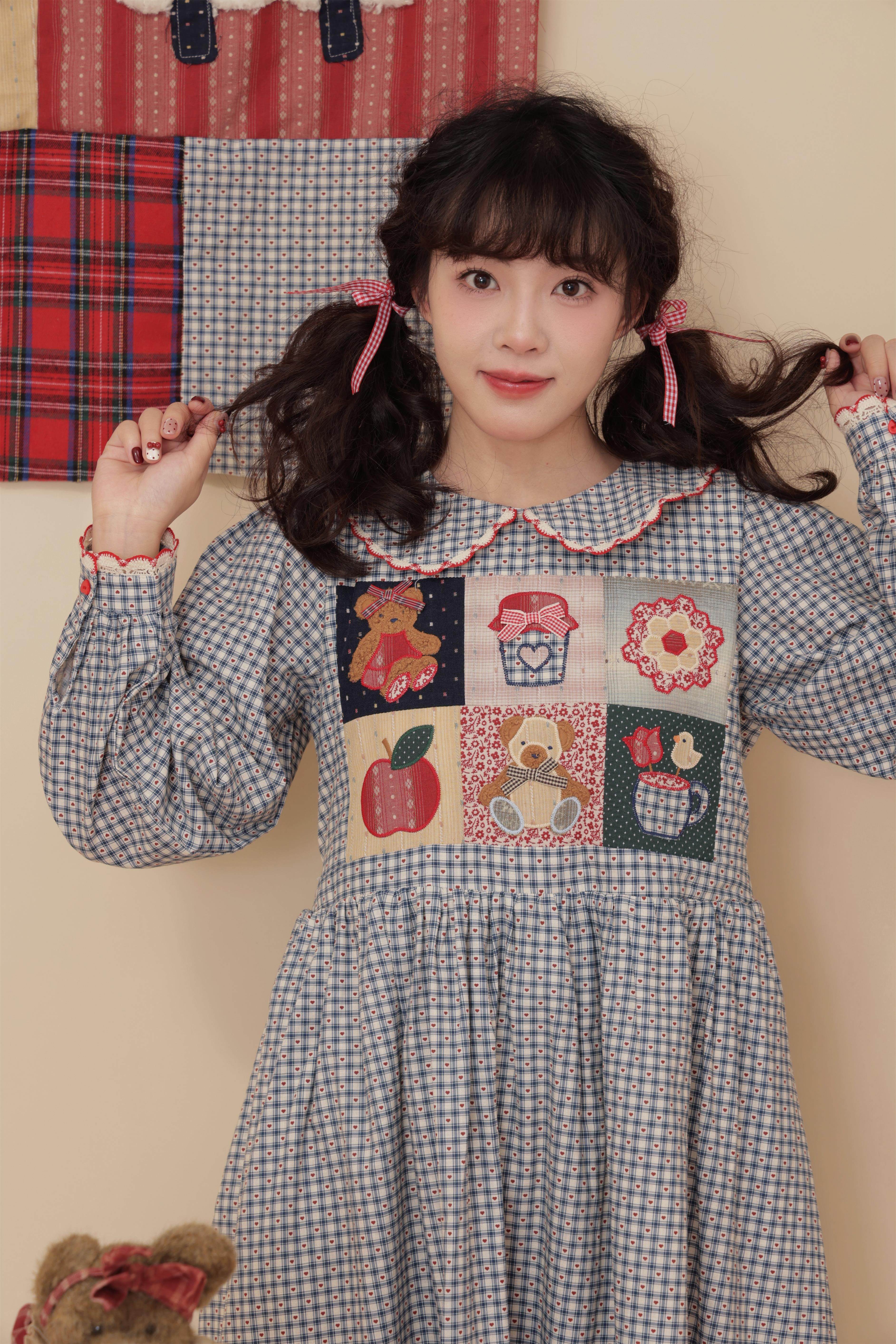 20%OFF】レトロガーリー パッチワークベアチェック柄ドーリーカラー