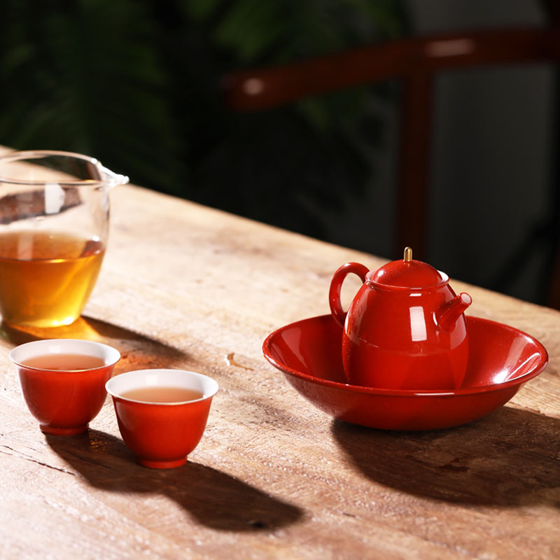 Coral red kung fu tea pure manual single pot ball hole, little teapot jingdezhen ceramic tea set color glaze