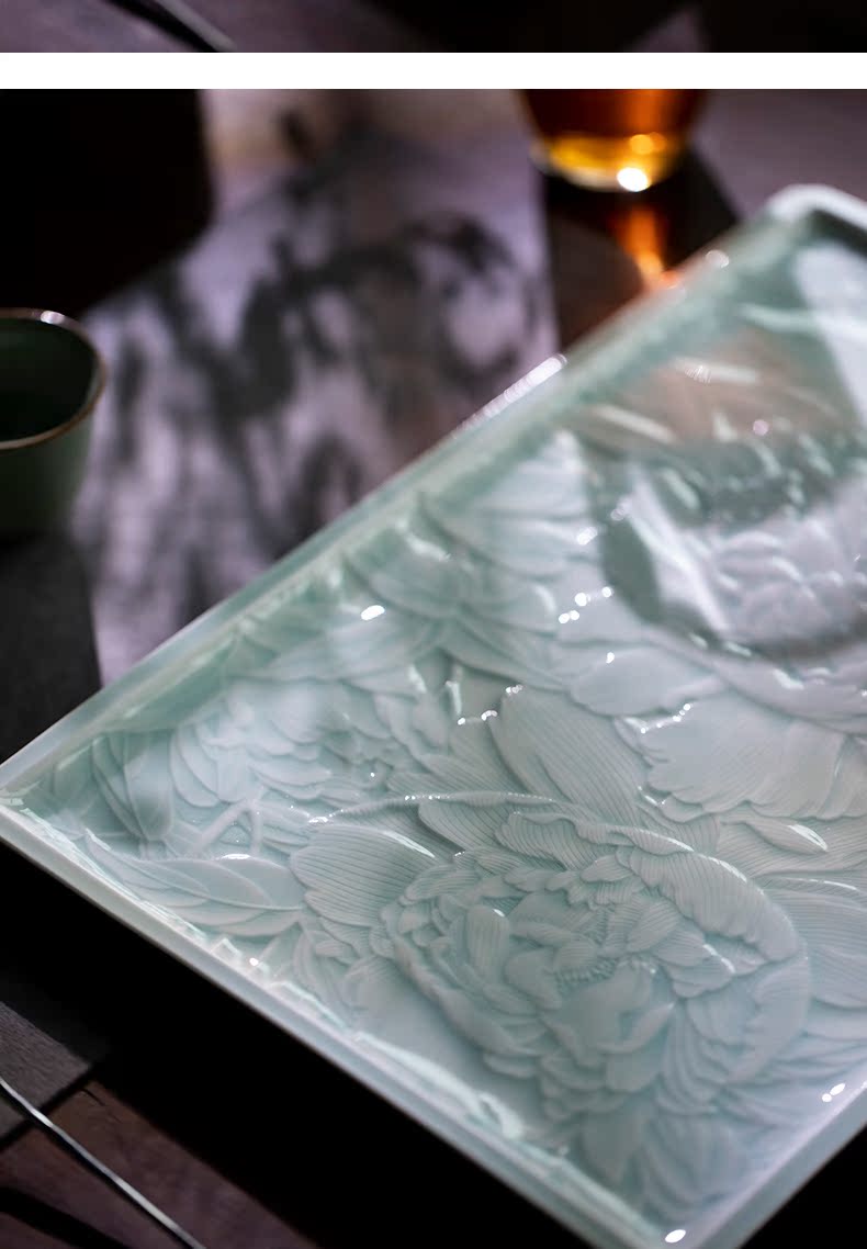 Jingdezhen ceramic film blue glaze hand - carved peony tea tray household cup tea accessories a single ground by hand