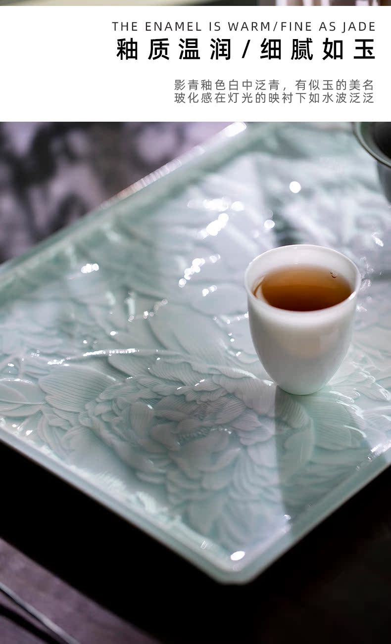 Jingdezhen ceramic film blue glaze hand - carved peony tea tray household cup tea accessories a single ground by hand