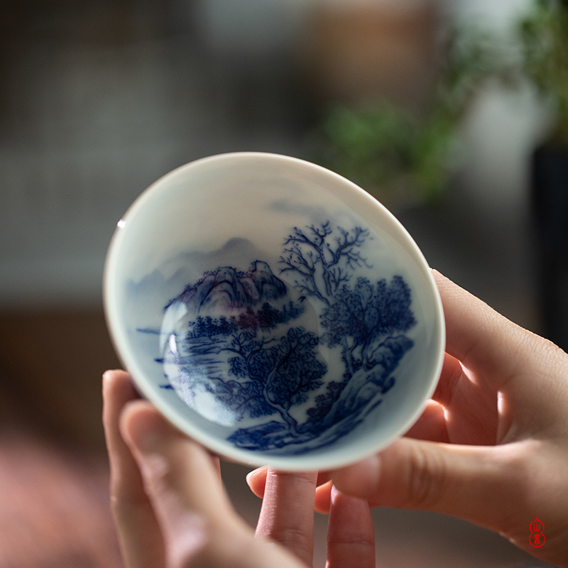 The Day blue green room inside and outside the landscape left koubei jingdezhen ceramic hand - made kung fu tea cups single CPU