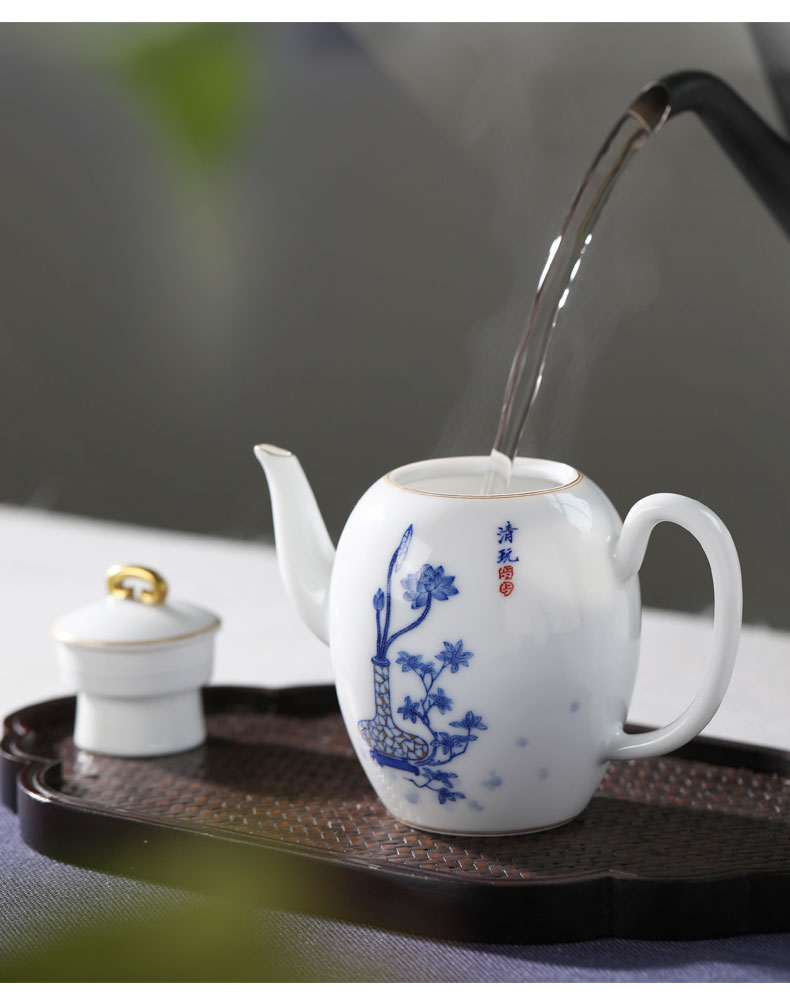Mountain sound kung fu tea pot full manual single pot of ceramic hand - made gold jingdezhen blue and white porcelain tea set