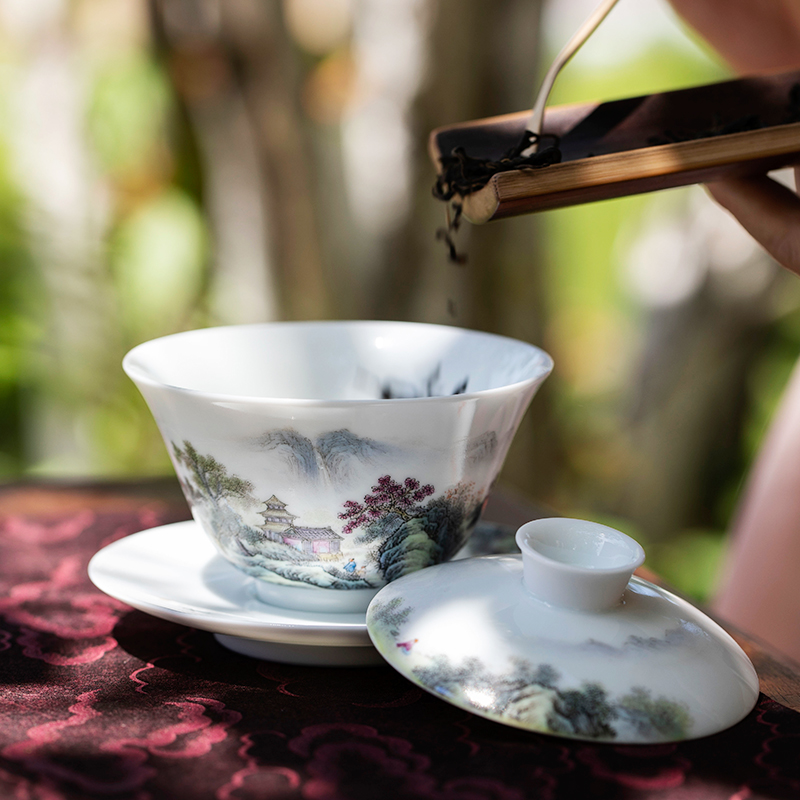 Mountain sound zuiweng pavilion only three tureen jingdezhen ceramic tureen tea cups white porcelain tureen single pure manual painting