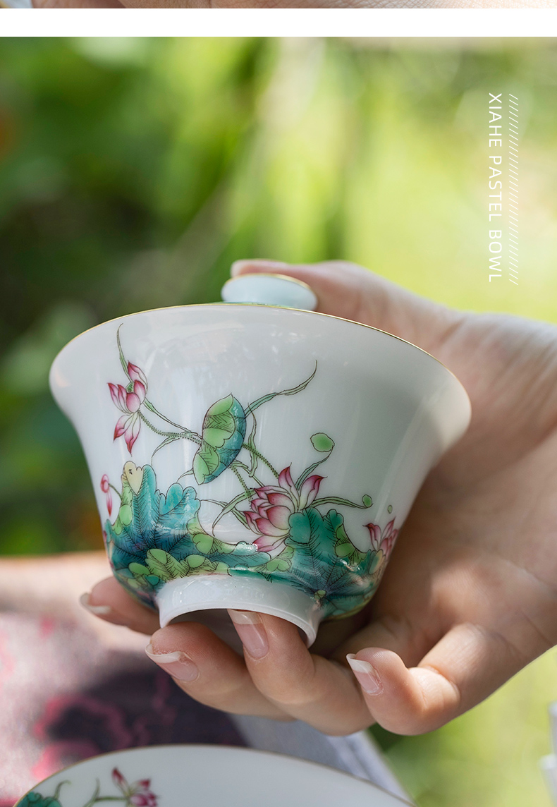 Summer lotus hill notes only pure manual water chestnut powder enamel hand - made lotus three tureen cups of jingdezhen ceramic tea set