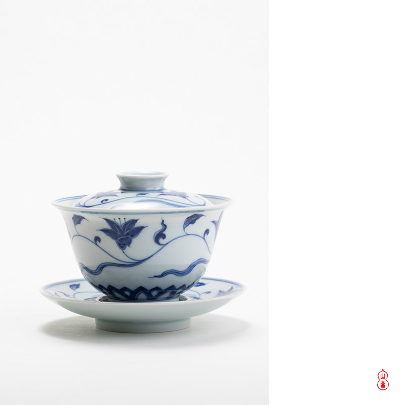 Jingdezhen blue and white day lilies Qin Qiuyan lines only three tureen high - end tea tureen single cup bowl