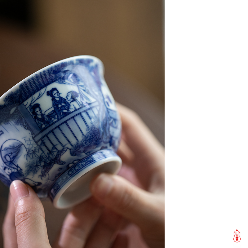 Jingdezhen blue and white, the story of western garden arborist benevolence tureen pure manual tureen tea bowl bowl two tureen