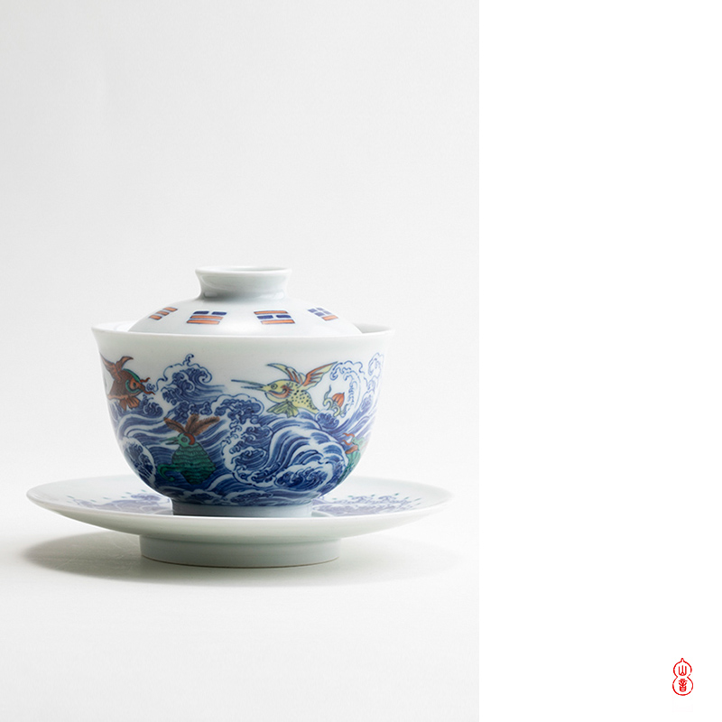 Qin Qiuyan bucket color sea monster grain tureen jingdezhen pure manual three high - end tea sets tea tureen ceramic bowl