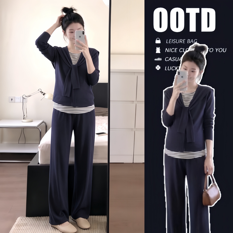 A Complete Set of Fashionable and Stylish Maternity Outfits with a Lazy Style, Faux Two-Piece Tops for Pregnancy, Autumn Maternity Wear