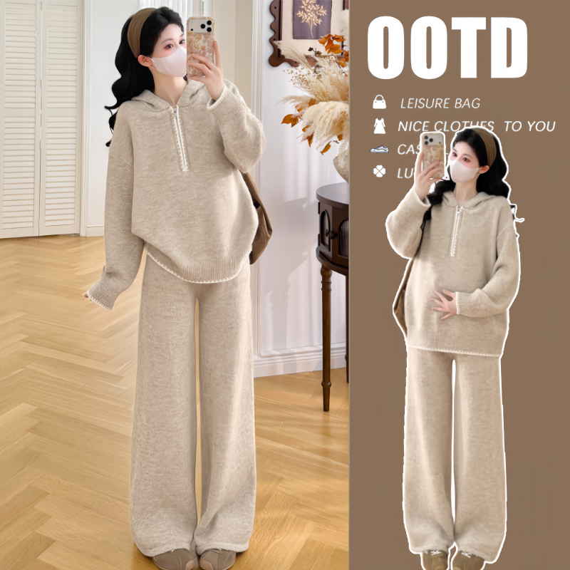 Maternity Autumn Outfit: Knitted Hooded Sweater + Wide-Leg Pants Two-Piece Set, Stylish French-Style Outfit for Pregnant Moms Maternity Autumn Outfit: Knitted Hooded Sweater + Wide-Leg Pants Two-Piece Set, Stylish French-Style Outfit for Pregnant Moms