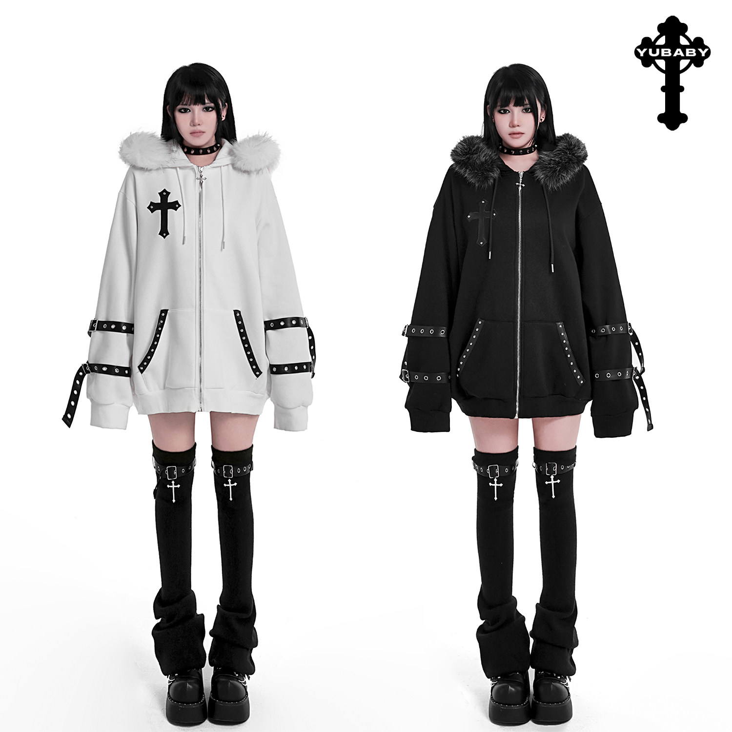 【Gothic Little Devil】Little Witch Series Original Personalized Appliqué Patchwork Leather Heavy-Duty Sweatshirt with Fur Collar and Fleece Lining