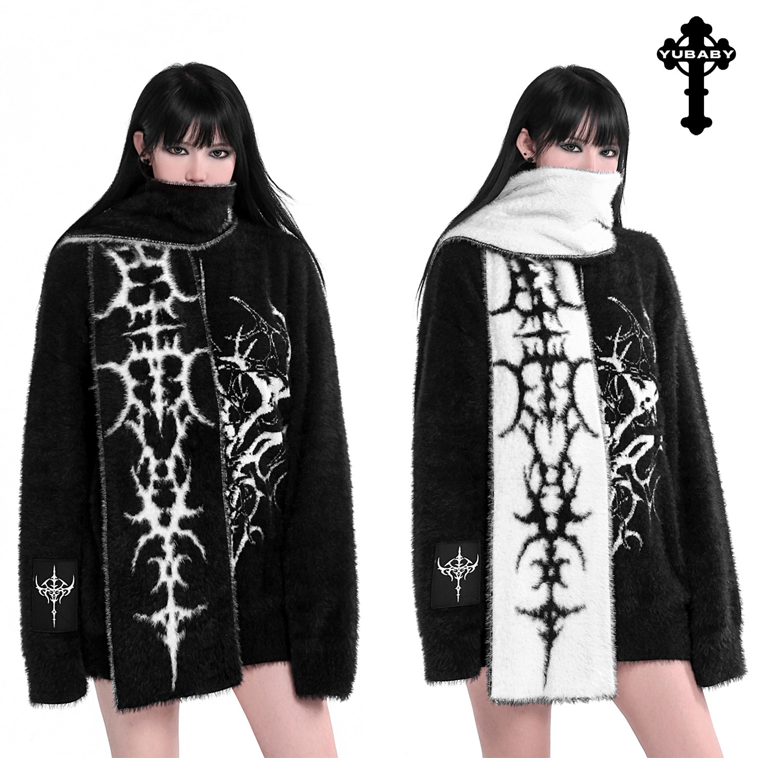 [Unleash Your Edges] Original Subculture Visual Kei Gothic Dark Black Black White Gray Double-Sided Faux Mink Scarf