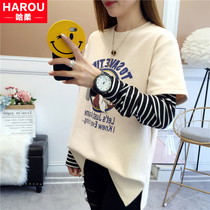 Long-sleeved T-shirt girls life in autumn 2021 New Junior High School High School students Korean version of loose fake two-piece clothes