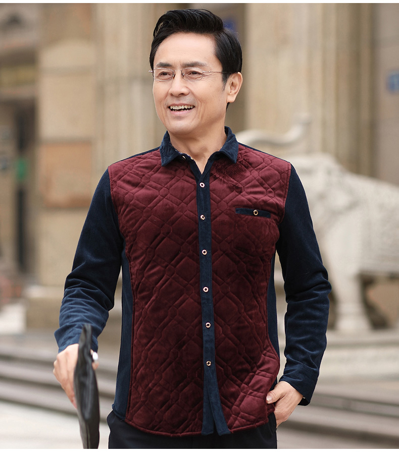 Quần áo thu đông 2018 mới bố mặc áo ấm trung niên nam trung niên cộng áo sơ mi nhung dài tay cộng áo cotton áo sơ mi xanh