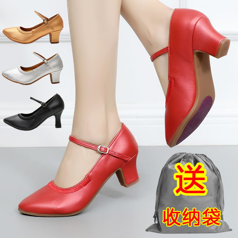 Ladies modern dance shoes medium high thick heel square dance latin shoes outdoor beef tendon sole Xinjiang sailor social dance shoes silver