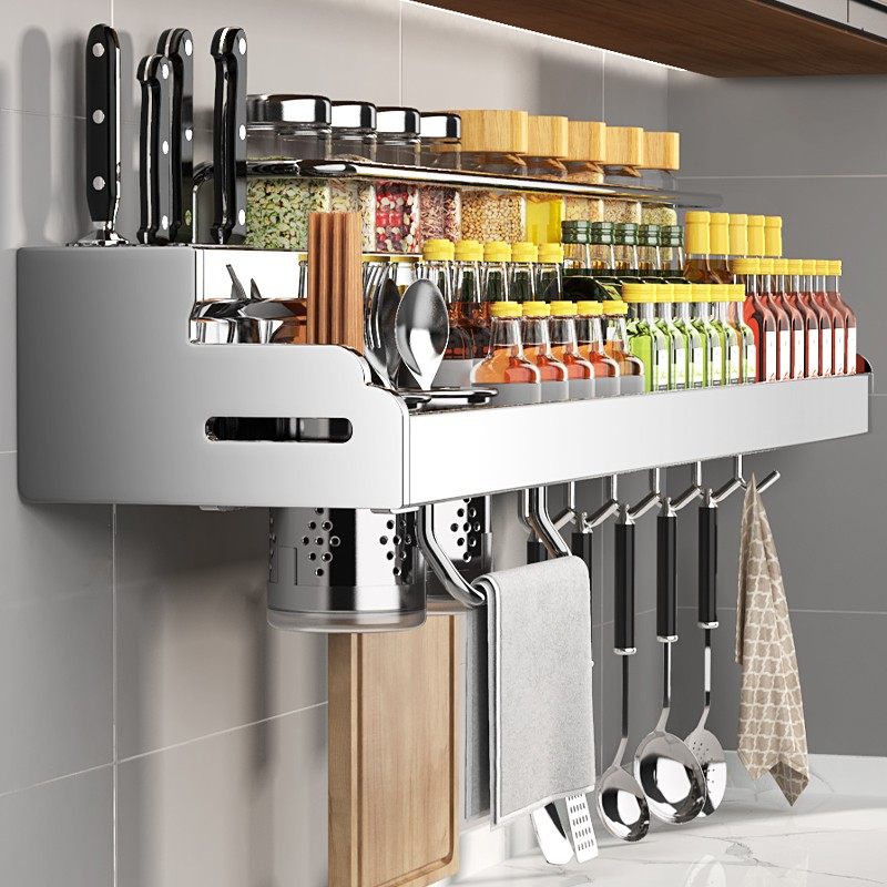 304 Stainless Steel Kitchen Shelve Wall-mounted Supplies Perforated seasoned seasoning pendant hanging rack containing tool holder-Taobao