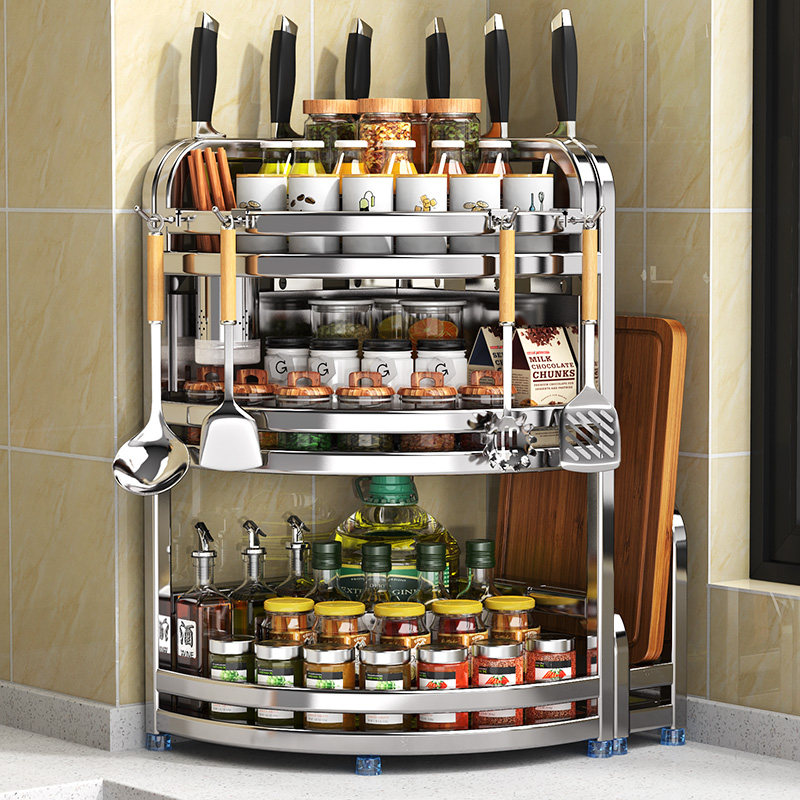 Kitchen multifunctional shelf condiments spice rack Kitchen utensil wall hanging tripod stainless steel storage shelf