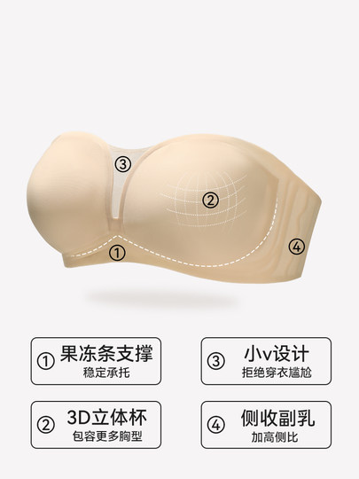 Strapless Bandeau Bra for Women, Anti-Bump, Strapless, Summer Thin, Seamless, Non-Slip, Push-Up, Anti-Exposure, Cool-Feeling Bra