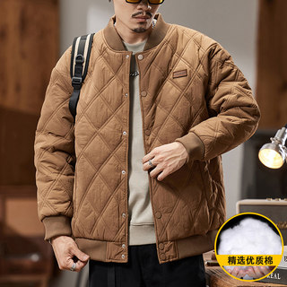 Men's Winter Cotton Jacket, American Retro Style, Coffee Color, Couple's Baseball Jacket, Trendy Brand, Diamond Plaid, Thickened and Warm Coat for Men