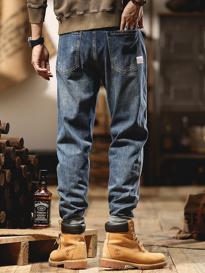 American retro workwear jeans for men in autumn straight ripped holes handsome heavyweight large size high street distressed wide leg pants