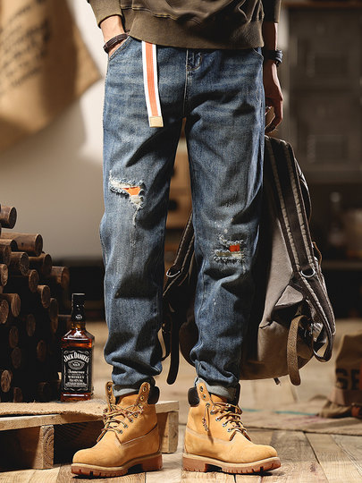 American retro workwear jeans for men in autumn straight ripped holes handsome heavyweight large size high street distressed wide leg pants