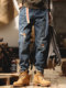 American retro workwear jeans for men in autumn straight ripped holes handsome heavyweight large size high street distressed wide leg pants