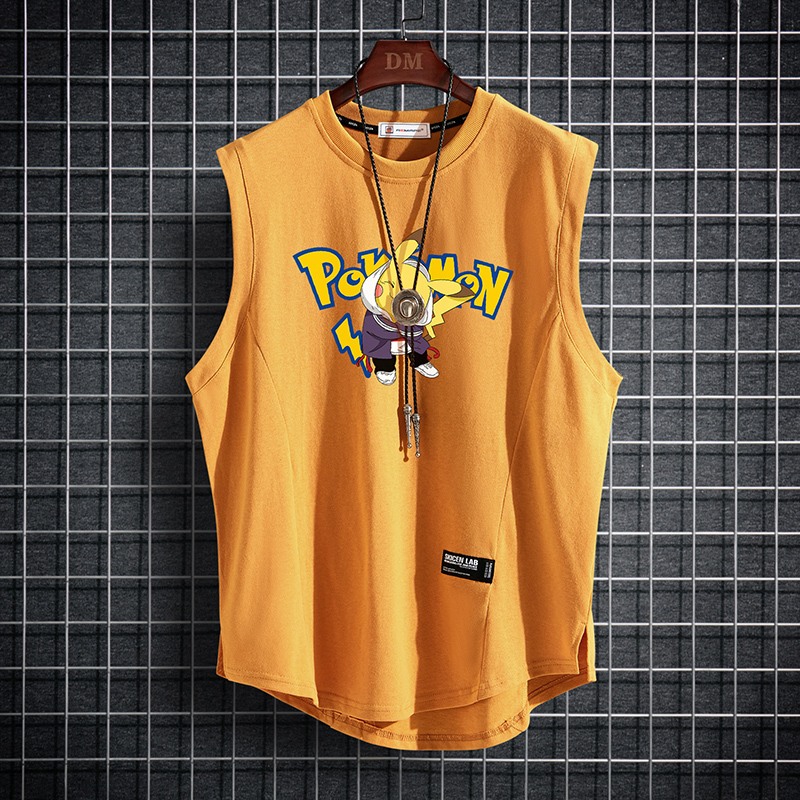 2020 mới mùa hè tay áo thun nam thể thao lỏng thường vest Hồng Kông cartoon gió vai cotton 100 t-shirt