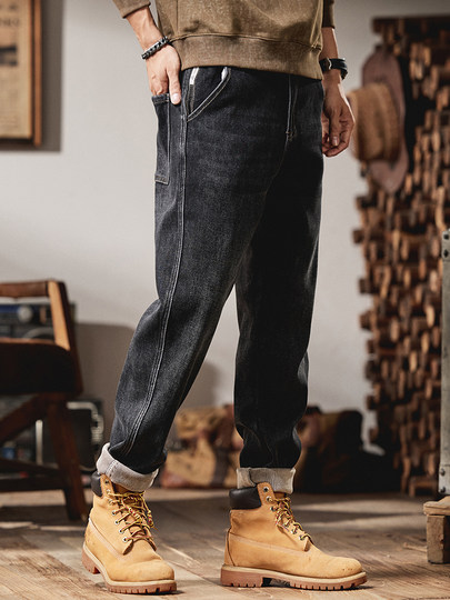 American Retro Jeans for Men, Autumn and Winter 2025 New Style, Straight-Leg, Fleece-Lined, Thickened, Warm, Cold-Resistant, Stretchy Long Pants