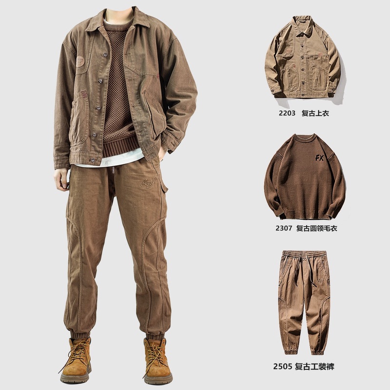 American-Style Sports Suit for Men, Spring and Autumn Heavyweight Retro Hunting Jacket, Men's Three-Piece Casual Workwear Set