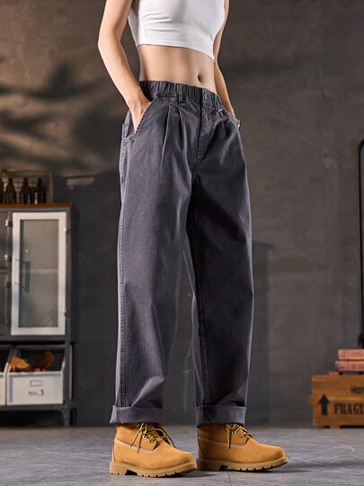 American retro casual pants for men in winter plus velvet loose straight pants for men, high-end simple and versatile work pants