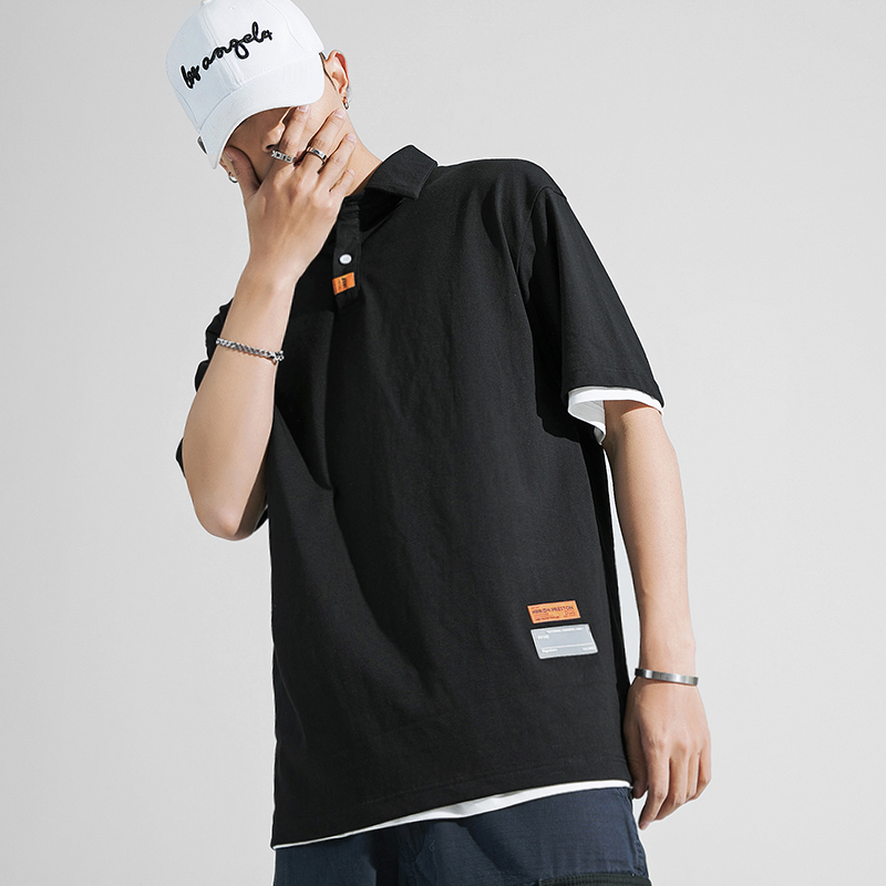 Đường hip-hop ngắn tay áo polo nam Hàn Quốc phiên bản của retro bông ve áo năm điểm in lỏng lẻo của Nhật Bản 100 t-shirt