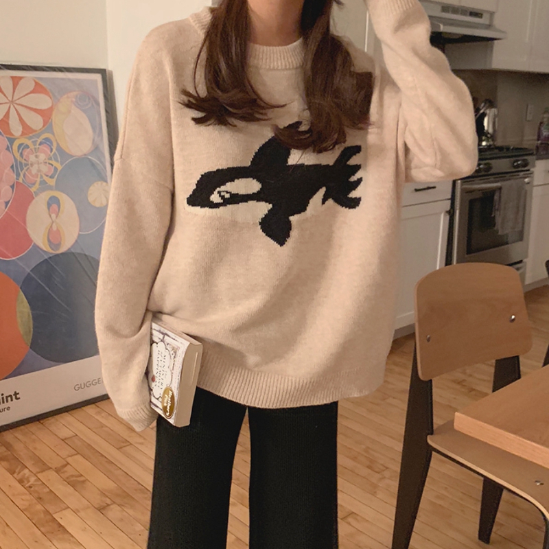 VK旗艦店 韓國風chic趣味海豚提花加厚寬鬆長袖上衣