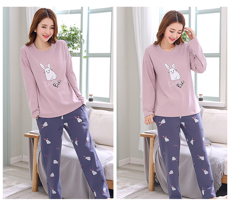 Bộ đồ ngủ nữ mùa xuân và quần dài tay cotton hai mảnh phù hợp với phim hoạt hình Hàn Quốc cotton giản dị kích thước lớn dịch vụ tại nhà quần áo ngủ nữ