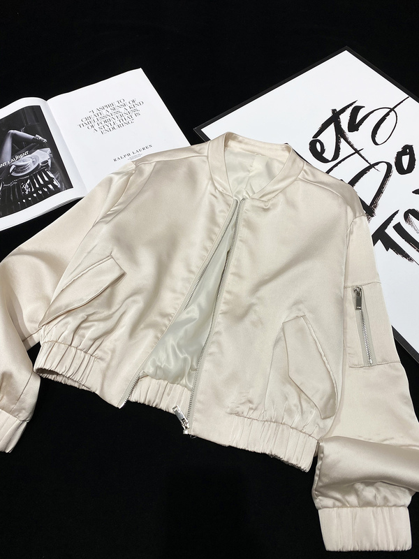 Cca LAOSHU Imitation Satin Glossy Short Bomber Jacket Thin Satin Baseball Jacket Zipper Cardigan for Women