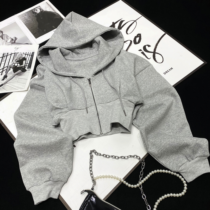Cca LAOSHU American Hot Girl Style Short High-Waisted Hooded Sweatshirt Ultra-Short Sports Jacket Hoodie Gray Jacket for Women Cca LAOSHU American Hot Girl Style Short High-Waisted Hooded Sweatshirt Ultra-Short Sports Jacket Hoodie Gray Jacket for Women