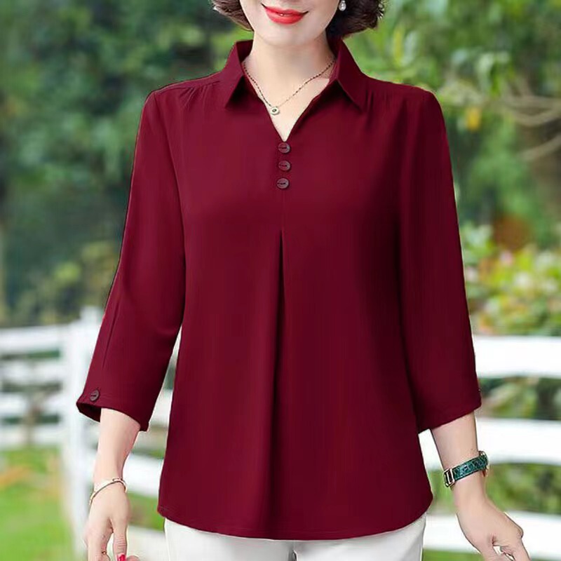 Spring Stylish Shirt for Middle-Aged Mothers, Solid Color, Chanel-Style Pullover, V-Neck Shirt, Unique Design, Chic Top Spring Stylish Shirt for Middle-Aged Mothers, Solid Color, Chanel-Style Pullover, V-Neck Shirt, Unique Design, Chic Top