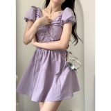 Сиреневое летнее платье, длинная юбка, французский стиль, рукава фонарики, V-образный вырез, подходит для подростков