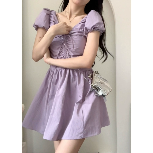 Сиреневое летнее платье, длинная юбка, французский стиль, рукава фонарики, V-образный вырез, подходит для подростков